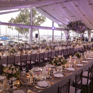 Long Tables with Chairs, Centerpieces, String Lights, Hanging Flower And Ceiling Drapping