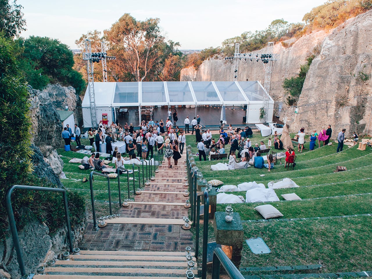 Unique Perth Venues. View Of Quarry Event Space With Marquee and Guests.