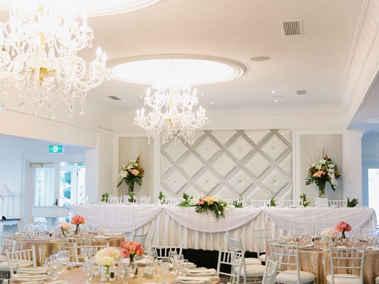 Long Table And Banquet Style Setup Inside The Function Room With Chandeliers