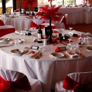 Chairs And TablesIn Banquet Style With White And Red Theme