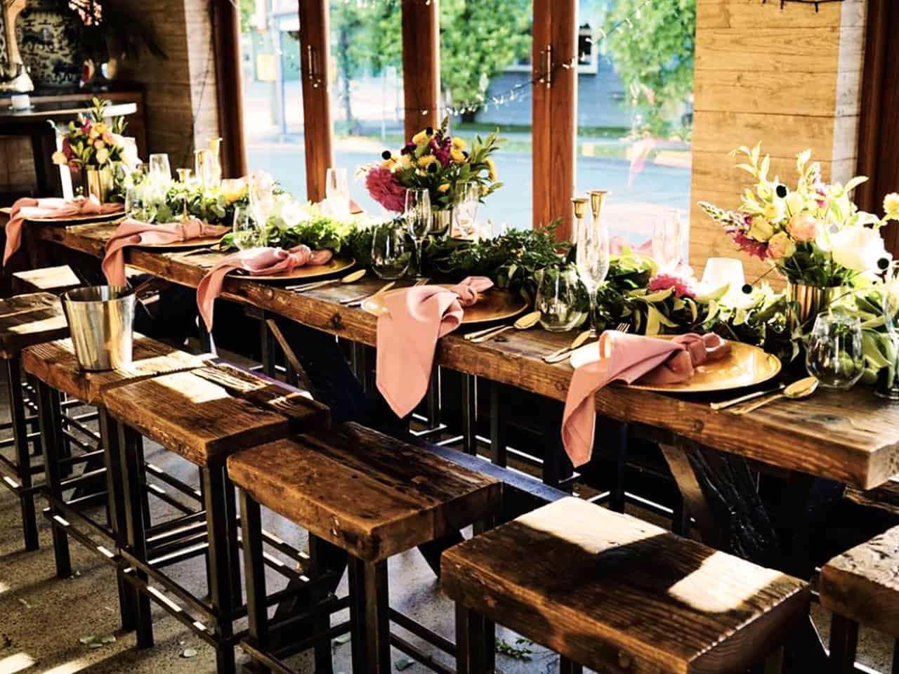Long table set for dining for wedding