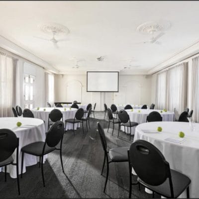 Function room with circular tables and projector screen