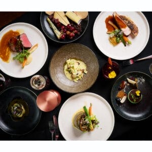 Variety of gourmet dishes on plates